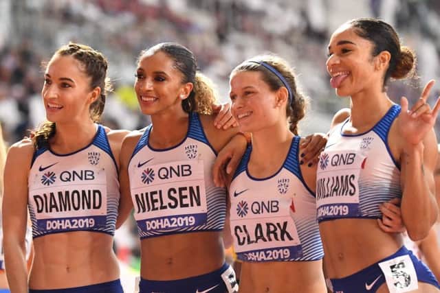 From left to right, British quartet Emily Diamond, Laviai Nielsen, Zoey Clark and Jodie Williams were pleased with a time of 3:23.02. Picture: AFP/Getty