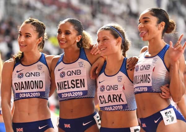 From left to right, British quartet Emily Diamond, Laviai Nielsen, Zoey Clark and Jodie Williams were pleased with a time of 3:23.02. Picture: AFP/Getty