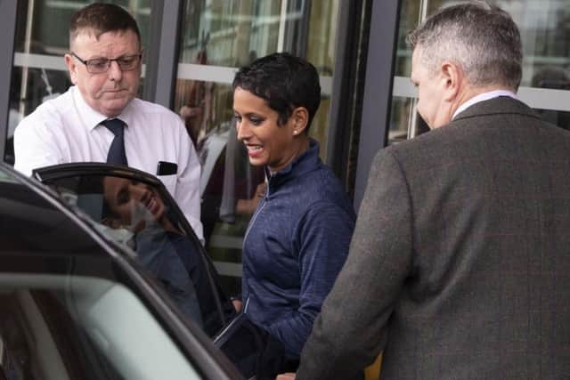 Naga Munchetty leaves MediaCityUK in Salford after hosting BBC Breakfast for the first time since the start of the impartiality row. Picture: PA