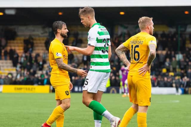 Celtic defender Kristoffer Ajer was not happy with his opponent's challenge. Picture: SNS