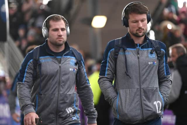 Hooker Fraser Brown, left, will start at openside flanker against Russia while Glasgow team-mate Pete Horne features for the first time in this World Cup alongside Duncan Taylor in the centres. Picture: Getty Images