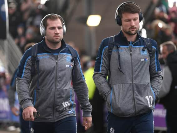 Hooker Fraser Brown, left, will start at openside flanker against Russia while Glasgow team-mate Pete Horne features for the first time in this World Cup alongside Duncan Taylor in the centres. Picture: Getty Images