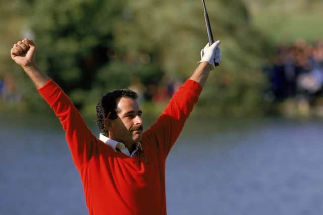 Sam Torrance celebrates after holing the winning putt for Europe on 18th at The Belfry in the 1985 Ryder Cup. Picture: Simon Bruty/Allsport