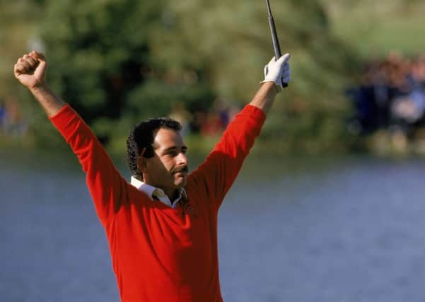 Sam Torrance celebrates after holing the winning putt for Europe on 18th at The Belfry in the 1985 Ryder Cup. Picture: Simon Bruty/Allsport