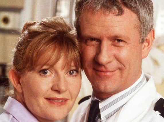 Cathy Shipton, as Lisa 'Duffy' Duffin, with Derek Thompson, as Charlie Fairhead, in Casualty. Picture: BBC
