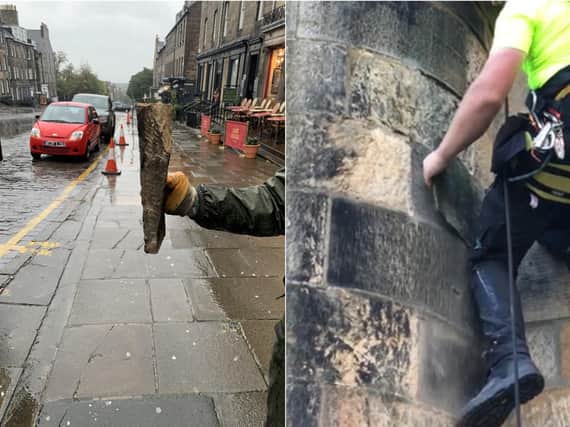 Stills from videos made by stonemasons working on dangerous Edinburgh buildings.