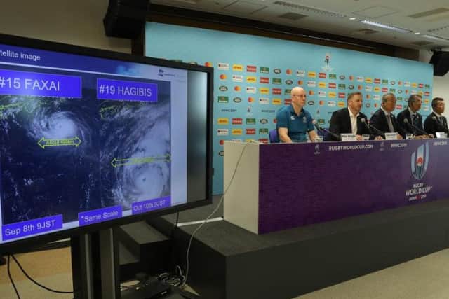 Rugby World Cup tournament chiefs demonstrate to the media the potential impact of typhoon Hagibis as they announce match cancellations. PICTURE: David Rogers/Getty Images