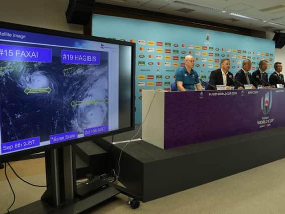 Rugby World Cup tournament chiefs demonstrate to the media the potential impact of typhoon Hagibis as they announce match cancellations. PICTURE: David Rogers/Getty Images