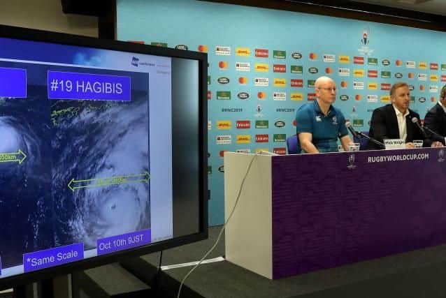 A press conference revealing the Rugby World Cup organiser's stance on games affected by Typhoon Hagibis was held this morning (October 10) (Getty Images)