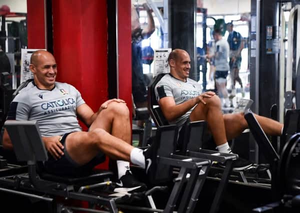 Italy captain Sergio Parisee works out in preparation for the clash with the All Blacks only to be  foiled by the cancellation of the match due to the threat from Typhoon Hagibis. Picture: AFP/Getty