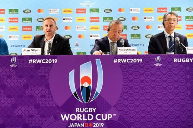 Tournament director of the Rugby World Cup Alan Gilpin (second left) and Japan Rugby CEO Akira Shimazu (second right) speak to the media as they announce that selected games will be cancelled as Typhoon Hagibis approaches. Picture: William West/AFP via Getty Images