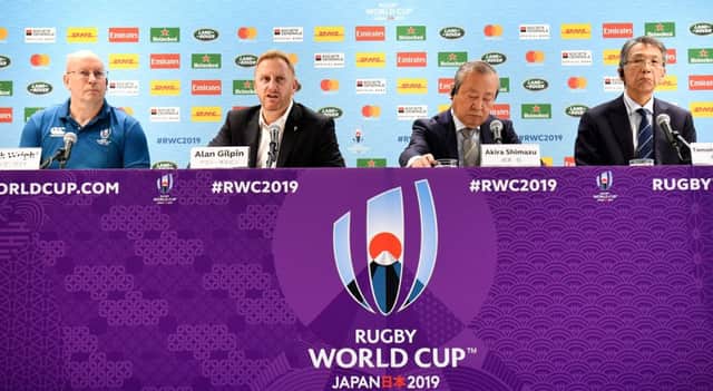 Tournament director of the Rugby World Cup Alan Gilpin (second left) and Japan Rugby CEO Akira Shimazu (second right) speak to the media as they announce that selected games will be cancelled as Typhoon Hagibis approaches. Picture: William West/AFP via Getty Images