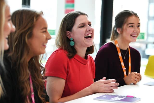 Liberal Democrats leader Jo Swinson talks to younger students at the University of Strathclyde