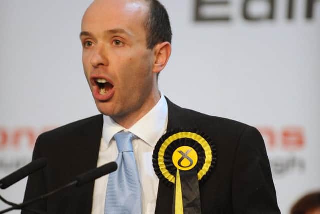 SNP candidate Marco Biagi make his acceptance speech after winning the Edinburgh Southern seat. Picture: Ian Rutherford