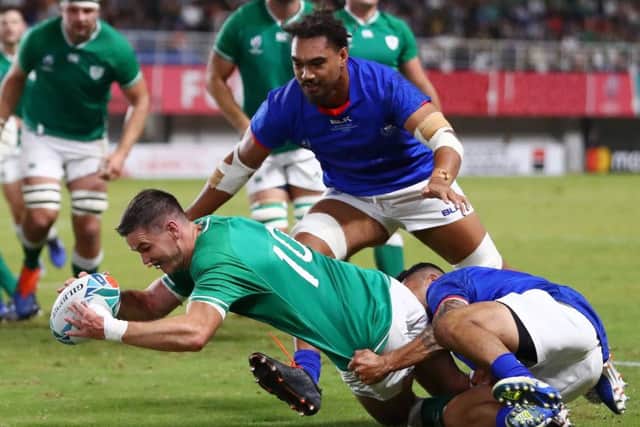 Ireland's Johnny Sexton scores his team's fourth try. Pic: Michael Steele/Getty Images