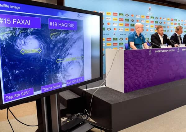 RWC tournament director Alan Gilpin, centre, on Typhoon Hagibis, cancelling games and refusing to be flexible.  Photograph: William WestAFP/Getty Images