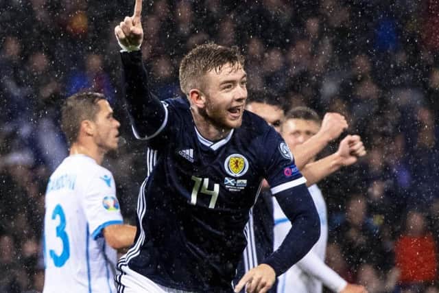 Stuart Findlay celebrates his headed goal in Scotland's 6-0 win over San Marino. Picture: Craig Williamson/SNS