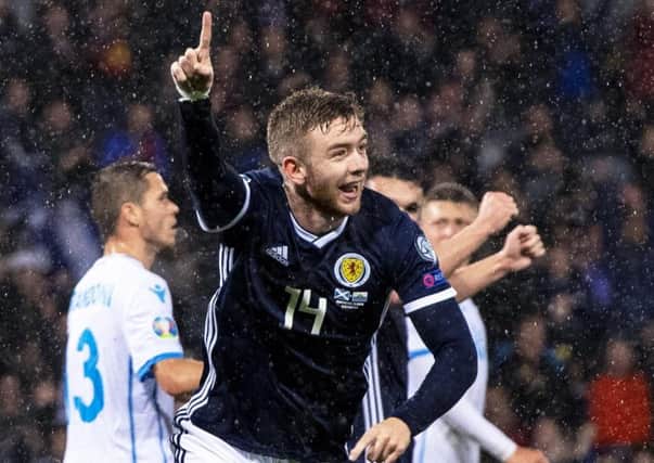 Stuart Findlay celebrates his headed goal in Scotland's 6-0 win over San Marino. Picture: Craig Williamson/SNS