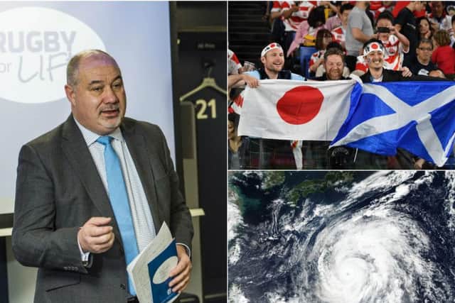 SRU chief Mark Dodson (left), fans at the Japan-Scotland clash and a satellite image of Typhoon Hagibis