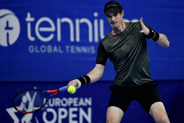 Andy Murray returns a shot during his first-round win against Kimmer Coppejans at the European Open in Antwerp. Picture: BELGA/AFP via Getty Images