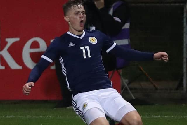 Josh McPake celebrates his winning goal for Scotland U19s.
