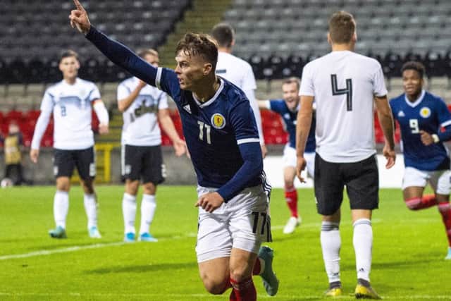 Josh McPake celebrates his winning goal for Scotland U19s in their 1-0 victory over Germany.