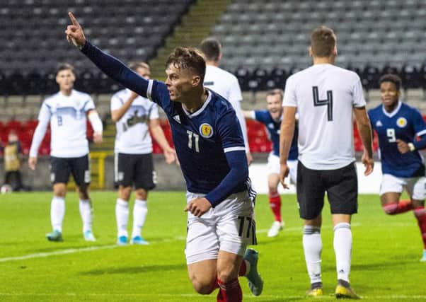 Josh McPake celebrates his winning goal for Scotland U19s in their 1-0 victory over Germany.