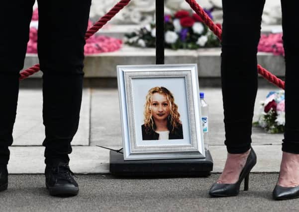 A picture of Michele Kearney who died aged 16 of a drug overdose is displayed by campaigners in Glasgow to mark International Overdose Awareness Day (Picture: John Devlin)