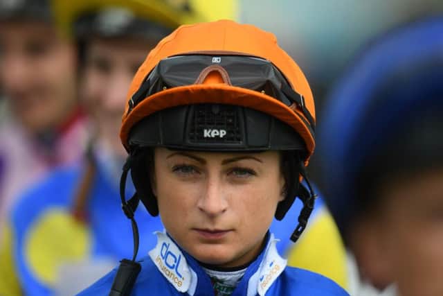Scots jockey Nicola Currie in her silks as she prepares for a race at Bath Racecourse in May. Picture: Harry Trump/Getty