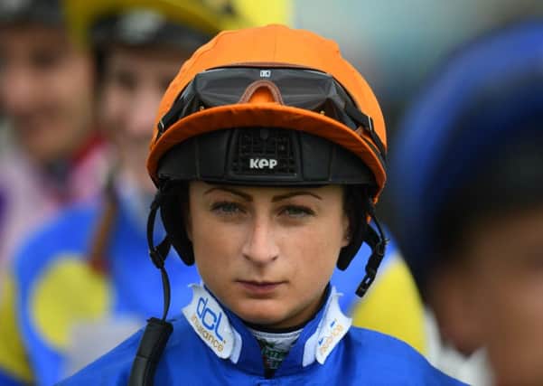 Scots jockey Nicola Currie in her silks as she prepares for a race at Bath Racecourse in May. Picture: Harry Trump/Getty