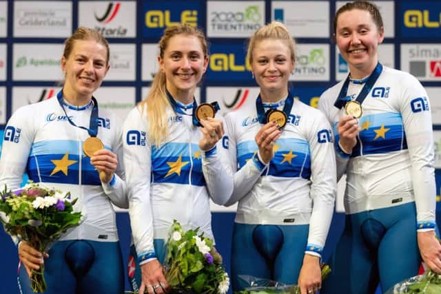 The Great Britain team, from left, Neah Evans, Laura Kenny, Ellie Dickinson and Katie Archibald  with their gold medals. Picture: Alex Whitehead/SWpix.com