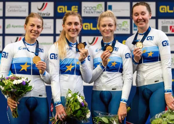 The Great Britain team, from left, Neah Evans, Laura Kenny, Ellie Dickinson and Katie Archibald with their gold medals. Picture: Alex Whitehead/SWpix.com