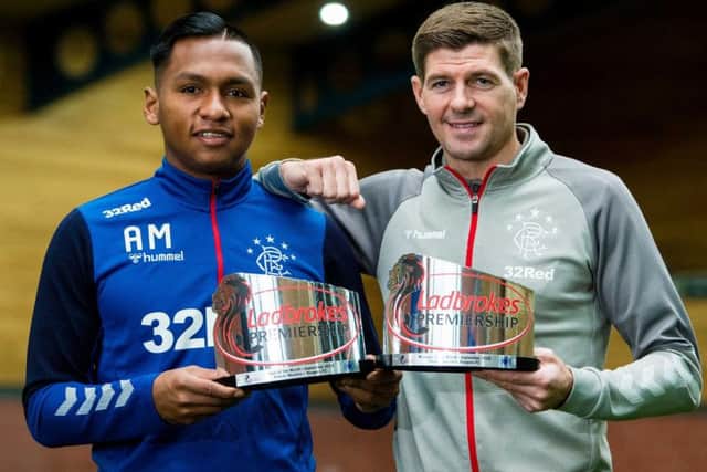 Alfredo Morelos and Steven Gerrard with their September awards. Picture: SNS