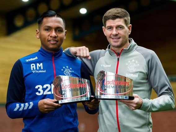 Alfredo Morelos and Steven Gerrard with their September awards. Picture: SNS