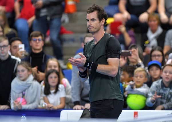 Delighted but low-key, Andy Murray reacts to his victory over Marius Copil in the  quarter-final of the European Open in Antwerp last night. Picture: AFP/Getty.