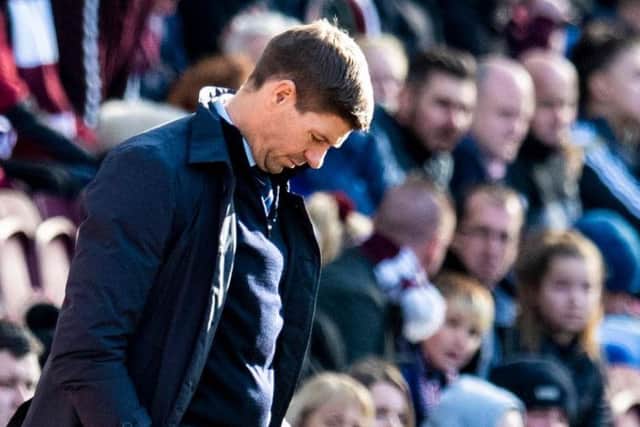 Steven Gerrard cuts a frustrated figure on the touchline as Rangers struggle to break down a stubborn Hearts side