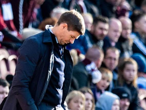 Steven Gerrard cuts a frustrated figure on the touchline as Rangers struggle to break down a stubborn Hearts side