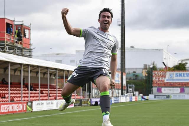 Stevie Mallan celebrates his first-half volley, putting Hibs in front. Picture: SNS.