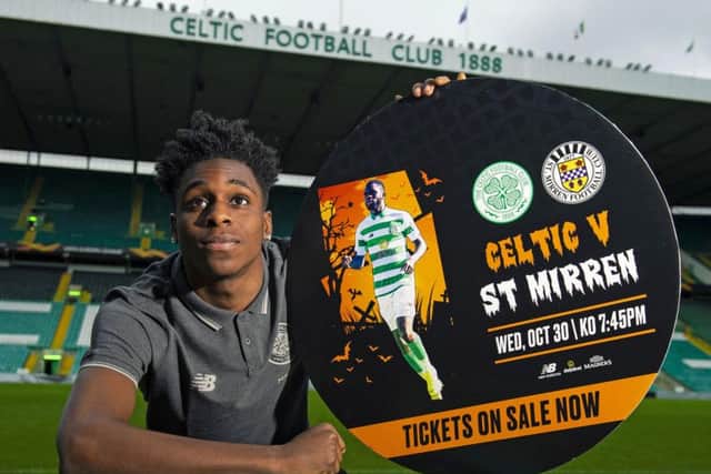 Celtic's Jeremie Frimpong promotes ticket sales for the Ladbrokes Premiership match against St Mirren. Picture: Ross MacDonald/SNS