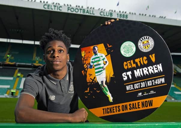 Celtic's Jeremie Frimpong promotes ticket sales for the Ladbrokes Premiership match against St Mirren. Picture: Ross MacDonald/SNS