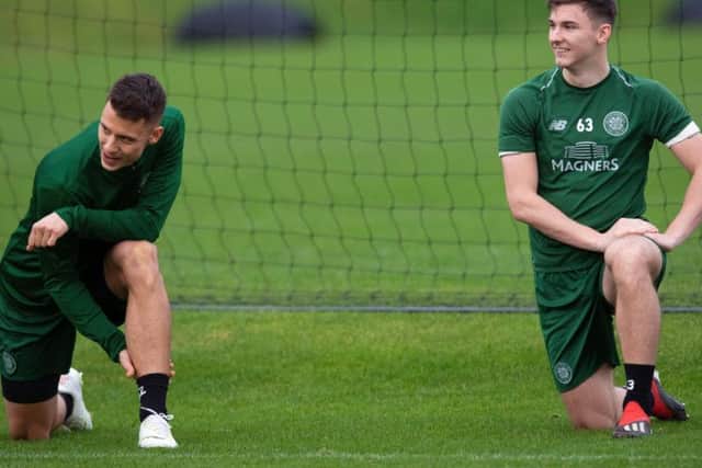Filip Benkovic (left) with Kieran Tierney. The pair now ply their trade in the English Premier League, but the Croatian stopper has been linked with a return to Celtic