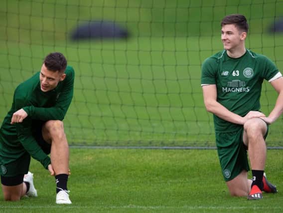 Filip Benkovic (left) with Kieran Tierney. The pair now ply their trade in the English Premier League, but the Croatian stopper has been linked with a return to Celtic