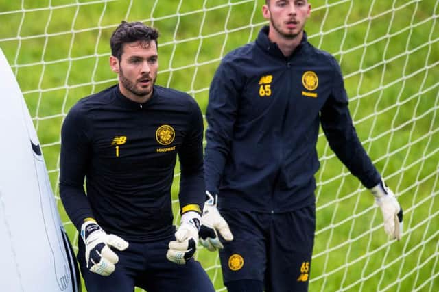 Conor Hazard (right) with Craig Gordon during Celtic training at Lennoxtown