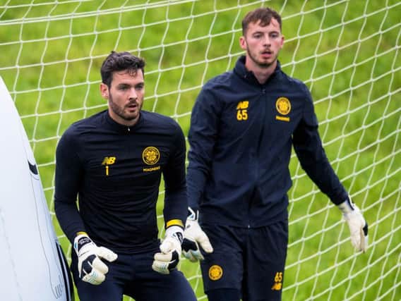 Conor Hazard (right) with Craig Gordon during Celtic training at Lennoxtown