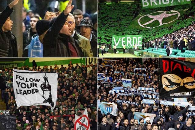 Clockwise from top left: Lazio fans making fascist salutes, the Brigate Verde display, Lazio fans in the stadium, the Mussolini banner