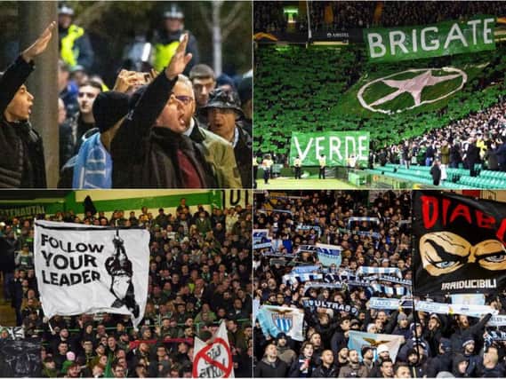 Clockwise from top left: Lazio fans making fascist salutes, the Brigate Verde display, Lazio fans in the stadium, the Mussolini banner