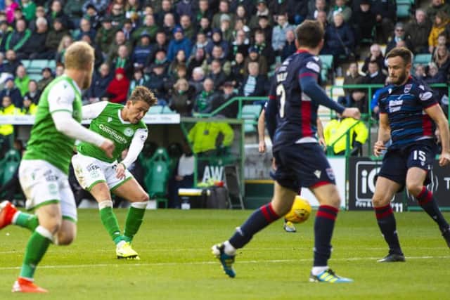 Scott Allan scores to give Hibs a 2-0 lead over Ross County on Saturday, only for the Easter Road side to be pegged bag and forced to settle for a draw. Picture: SNS.