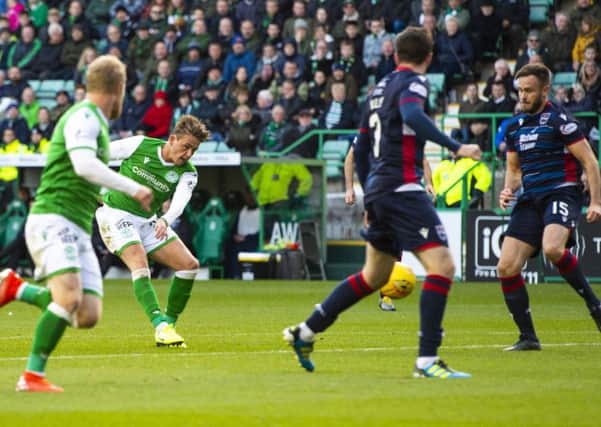 Scott Allan scores to give Hibs a 2-0 lead over Ross County on Saturday, only for the Easter Road side to be pegged bag and forced to settle for a draw. Picture: SNS.