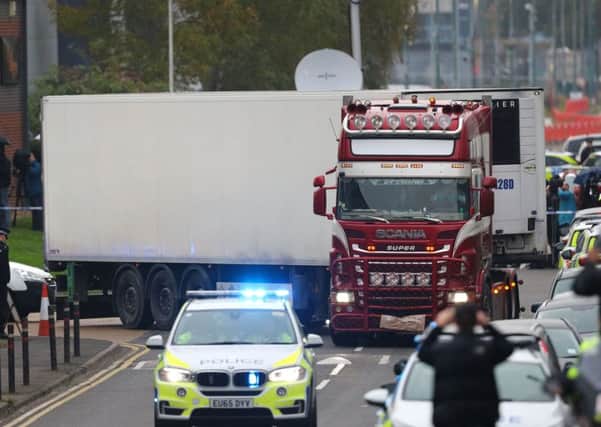 The lorry where the bodies were found. Picture: Aaron Chown/PA Wire