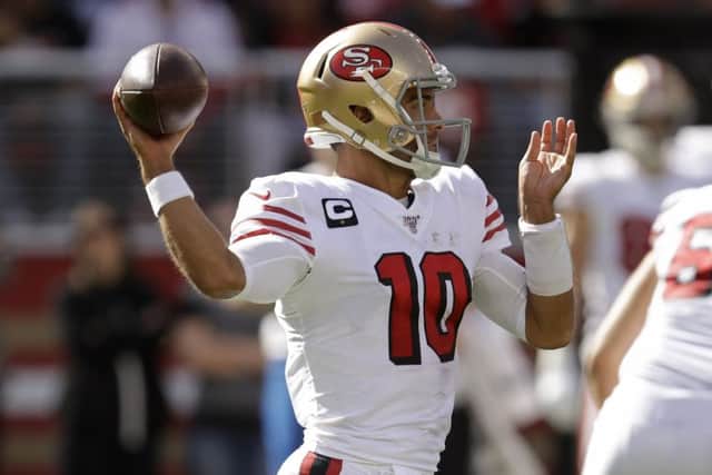 San Francisco 49ers quarterback Jimmy Garoppolo throws a pass during their win over Carolina. Picture: Ben Margot/AP